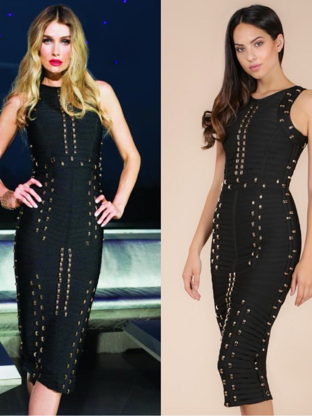 Wow Couture Gold Label Black Fleur Gold Metal Studded Bandage Maxi Dress